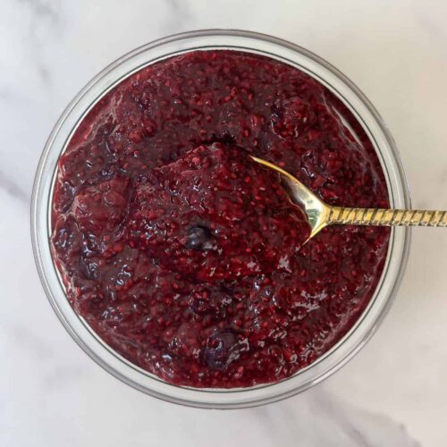 Mixed Berry Jam in a mason jar.