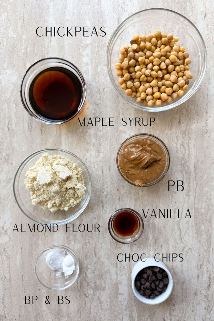 Ingredients measured out in bowls to make the chickpea blondies.