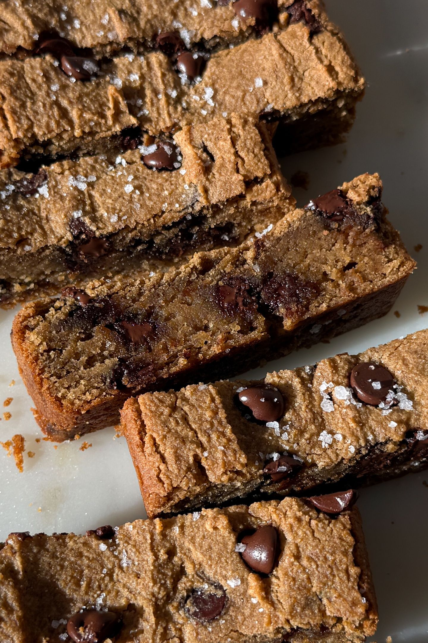 Slices of chickpea blondies on a platter.
