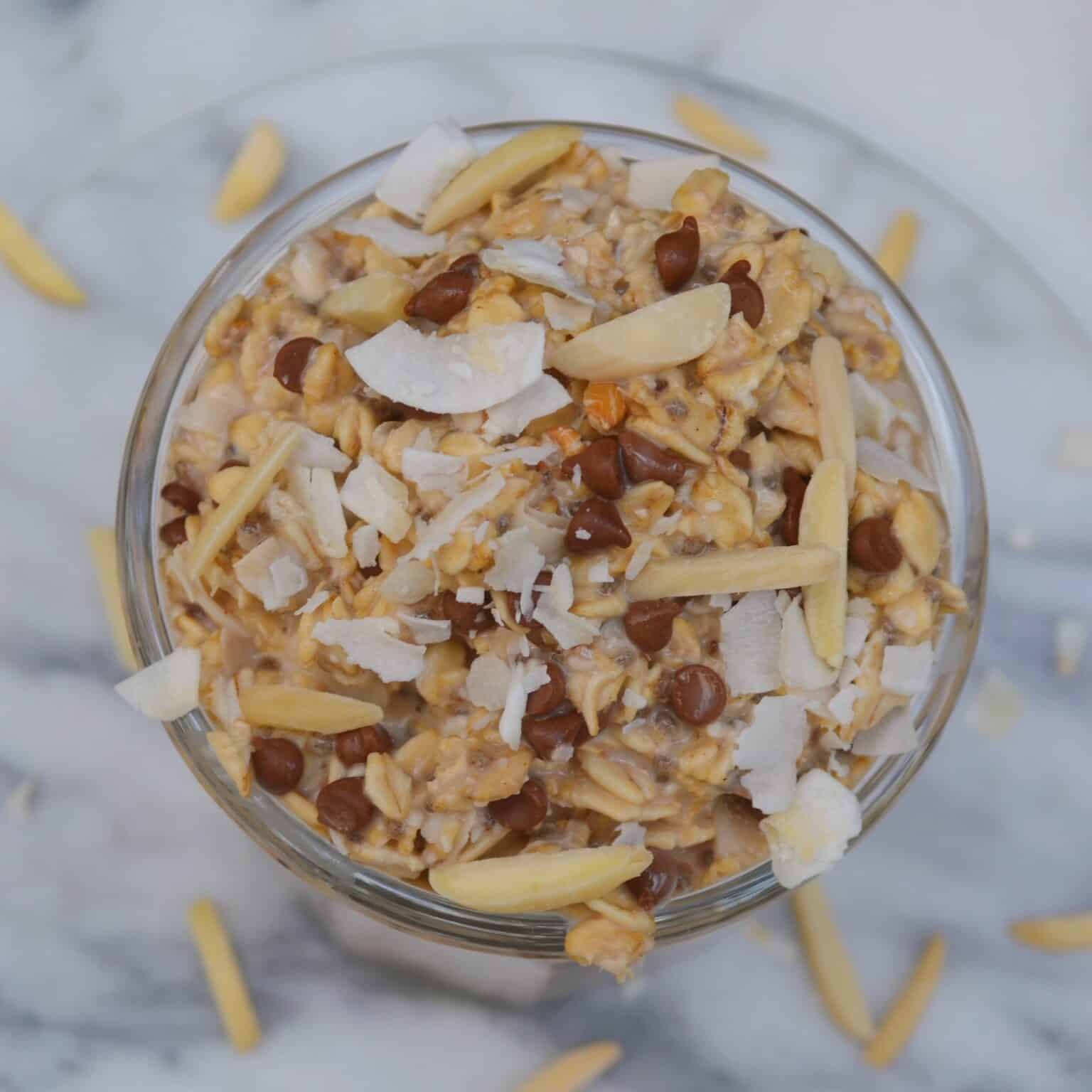 healthy almond joy overnight oats (vegan and glutenfree) Feasty Travels