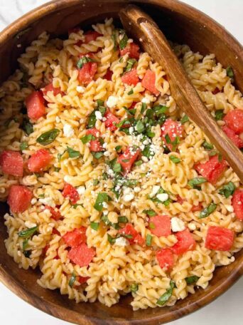 Watermelon Basil Feta Salad with Protein Pasta in a large serving bowl.
