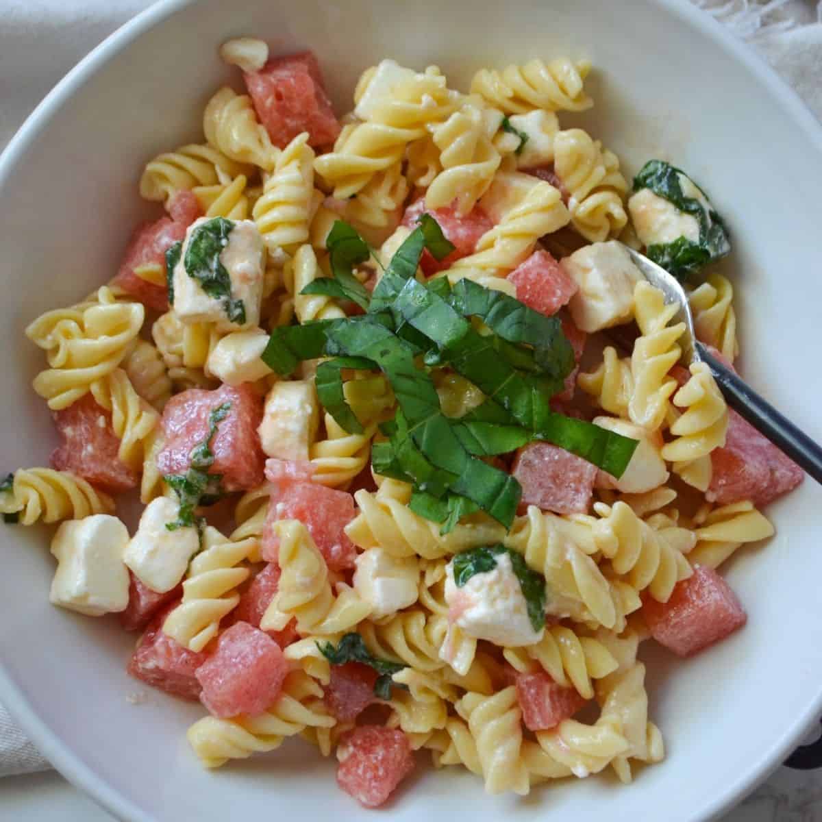 4 ingredient pasta with watermelon, feta and basil