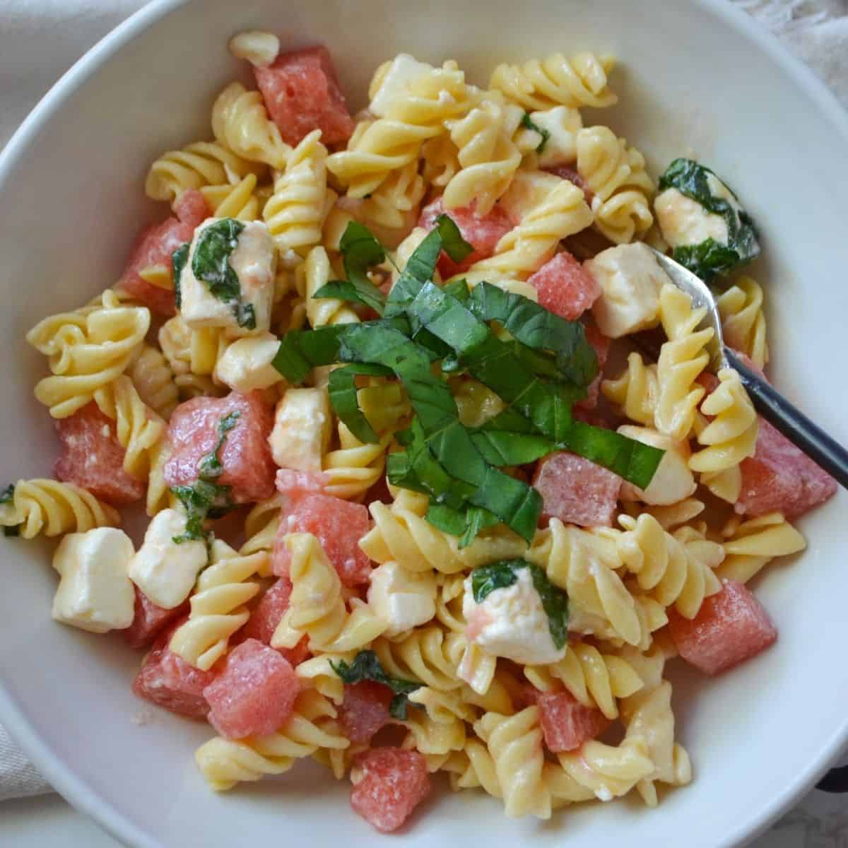 Watermelon Basil Feta Salad with Protein Pasta - feasty travels