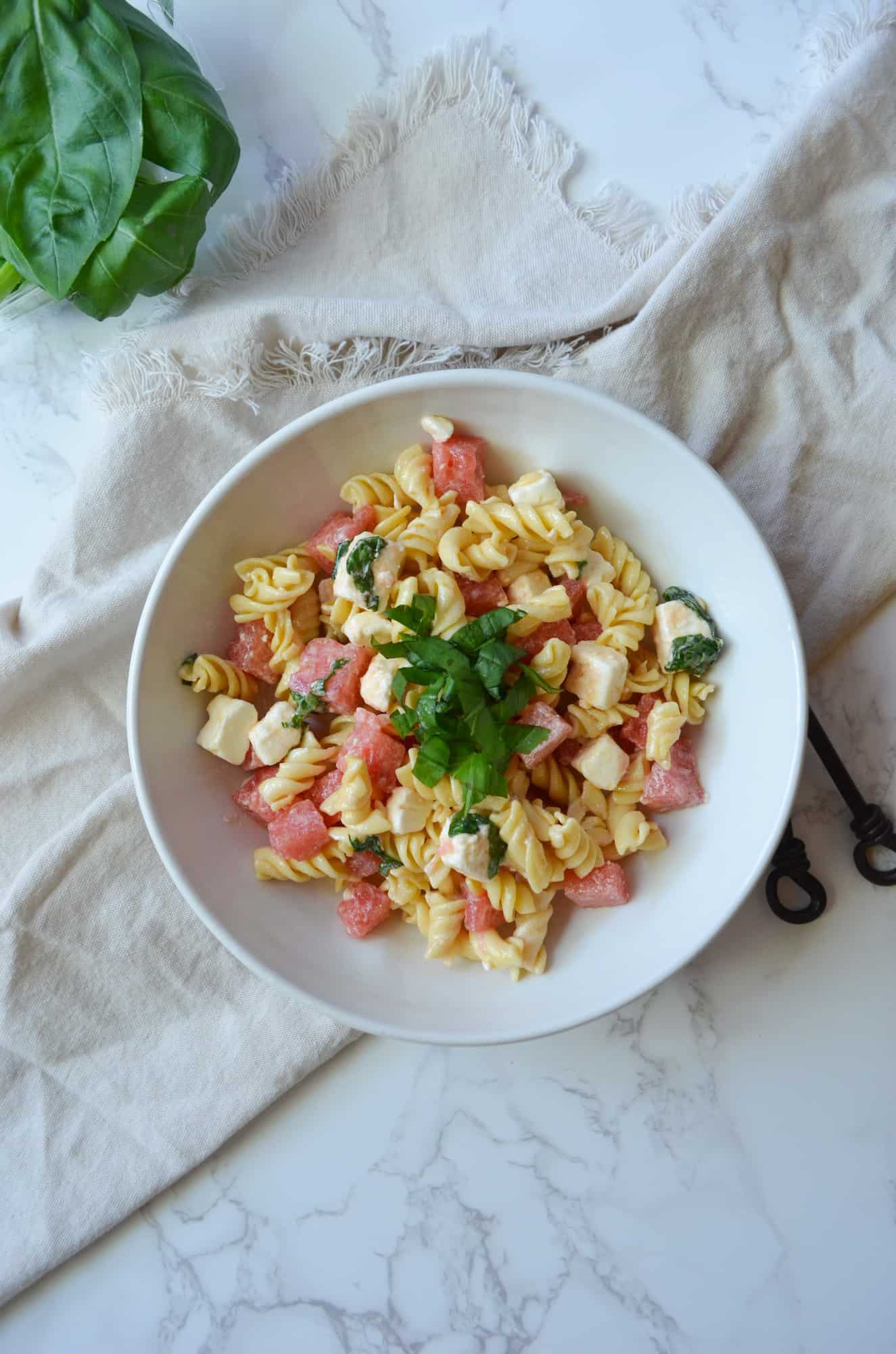 watermelon pasta salad with feta and basil - feasty travels