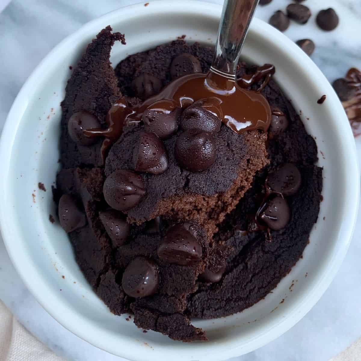 single-serving high protein brownie topped with chocolate chips