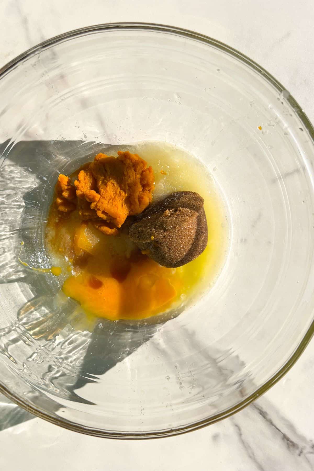 Wet ingredients in a large mixing bowl to make Gluten Free Snickerdoodle Cookies with Pumpkin