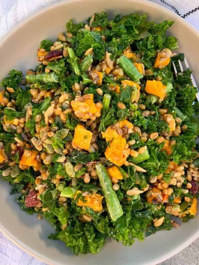 winter roasted squash grain and kale bowl Feasty Travels