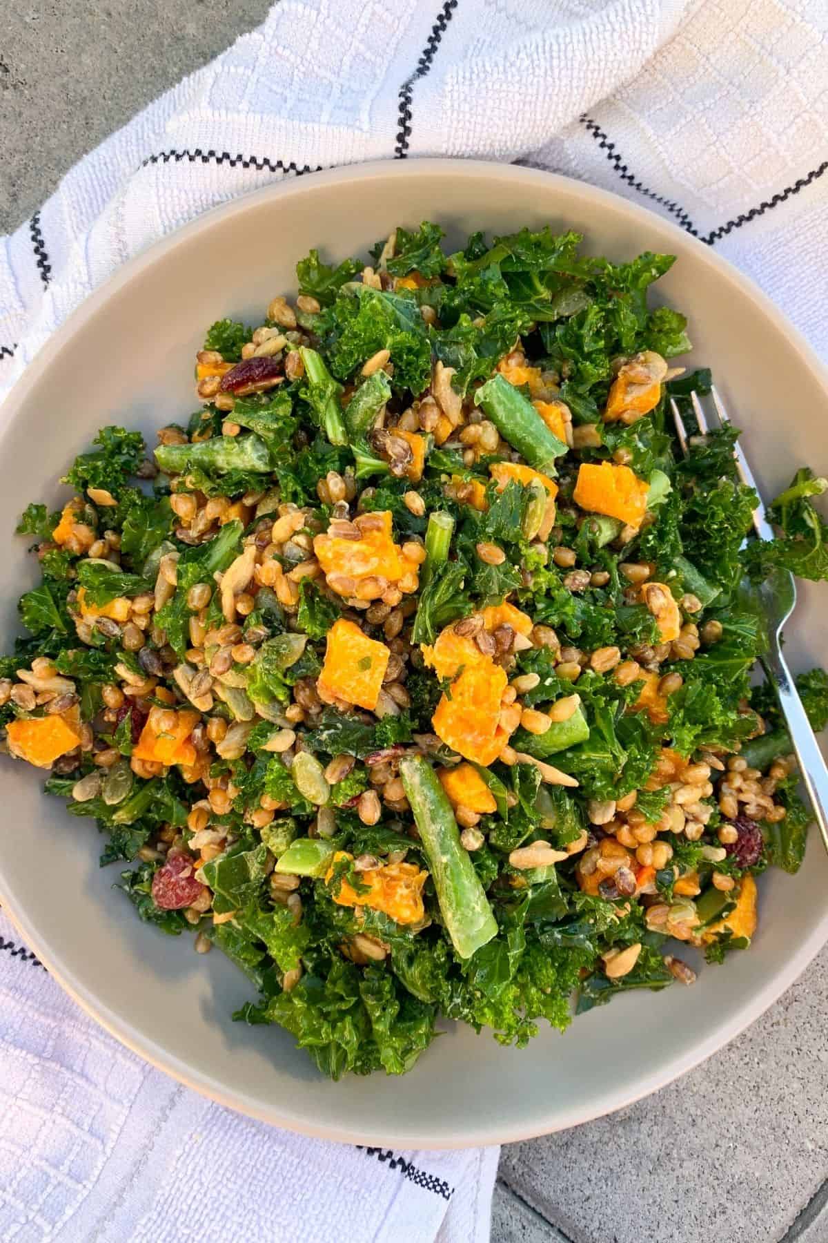 bowl with kale, roasted squash, grains, seeds and toppings