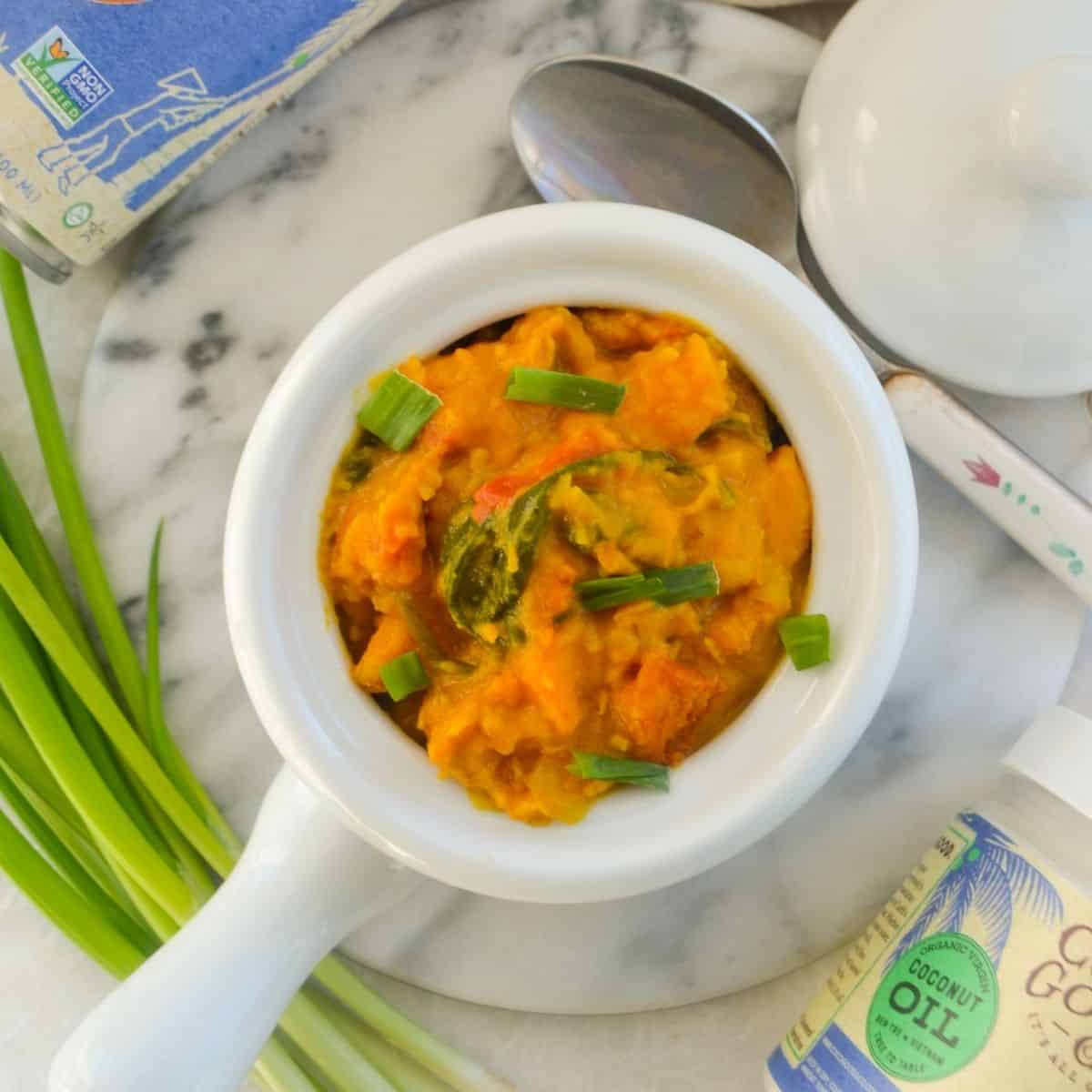 cooked sweet potato curry in a dish