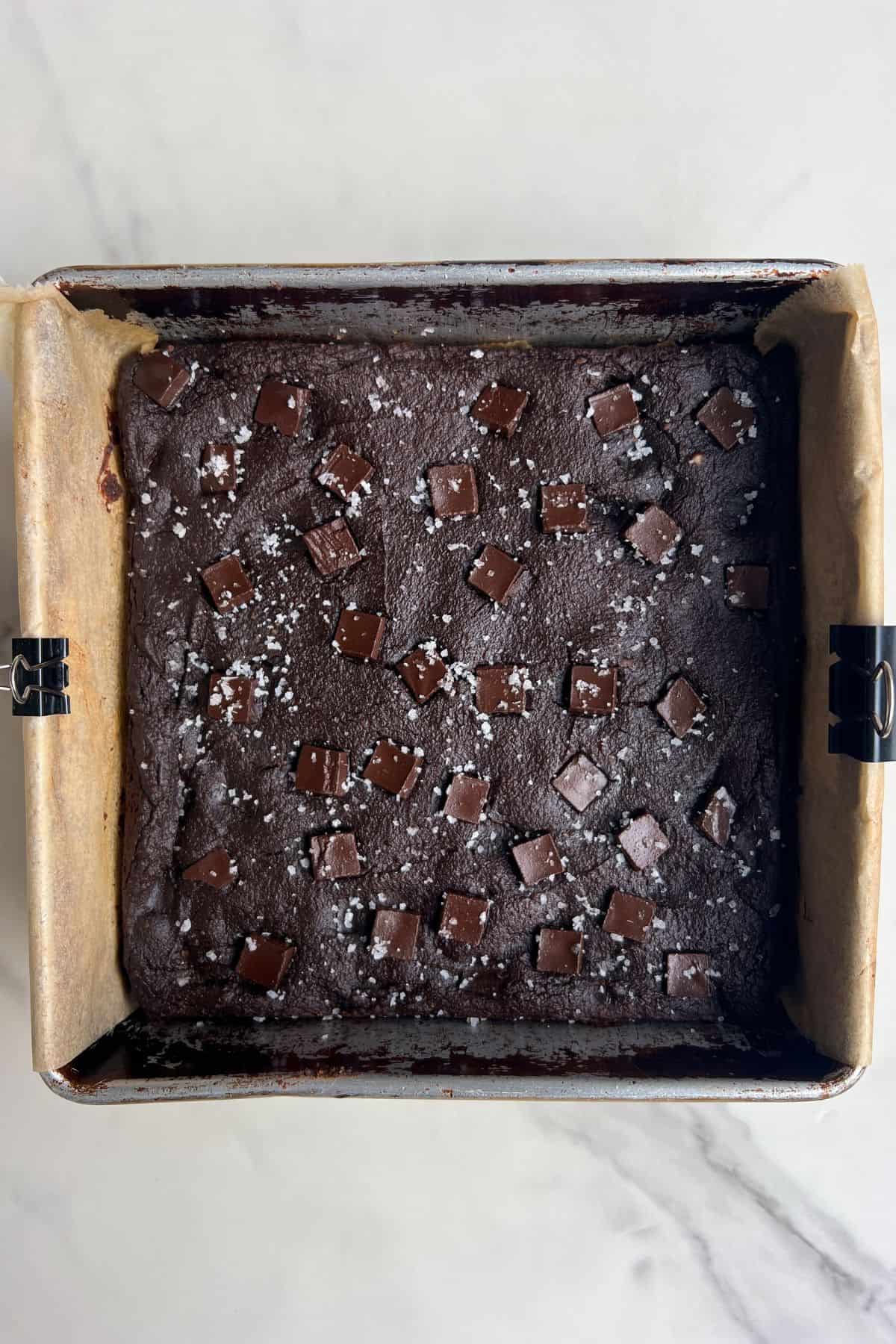 Brownies baked and topped with flaky sea salt