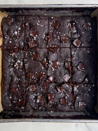 Sliced Low Calorie Brownies topped with flaky sea salt.