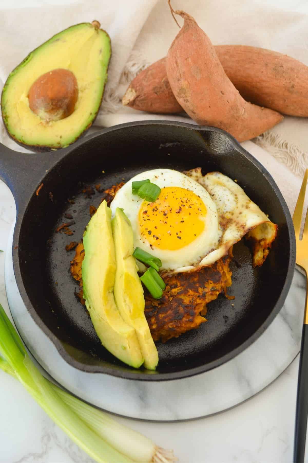 sweet potato hash in a cast iron skillet