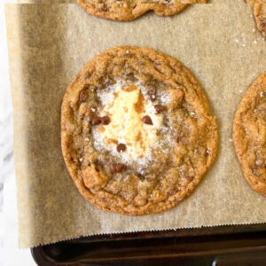 Chocolate Chip Marshmallow Cookie on a baking tray.