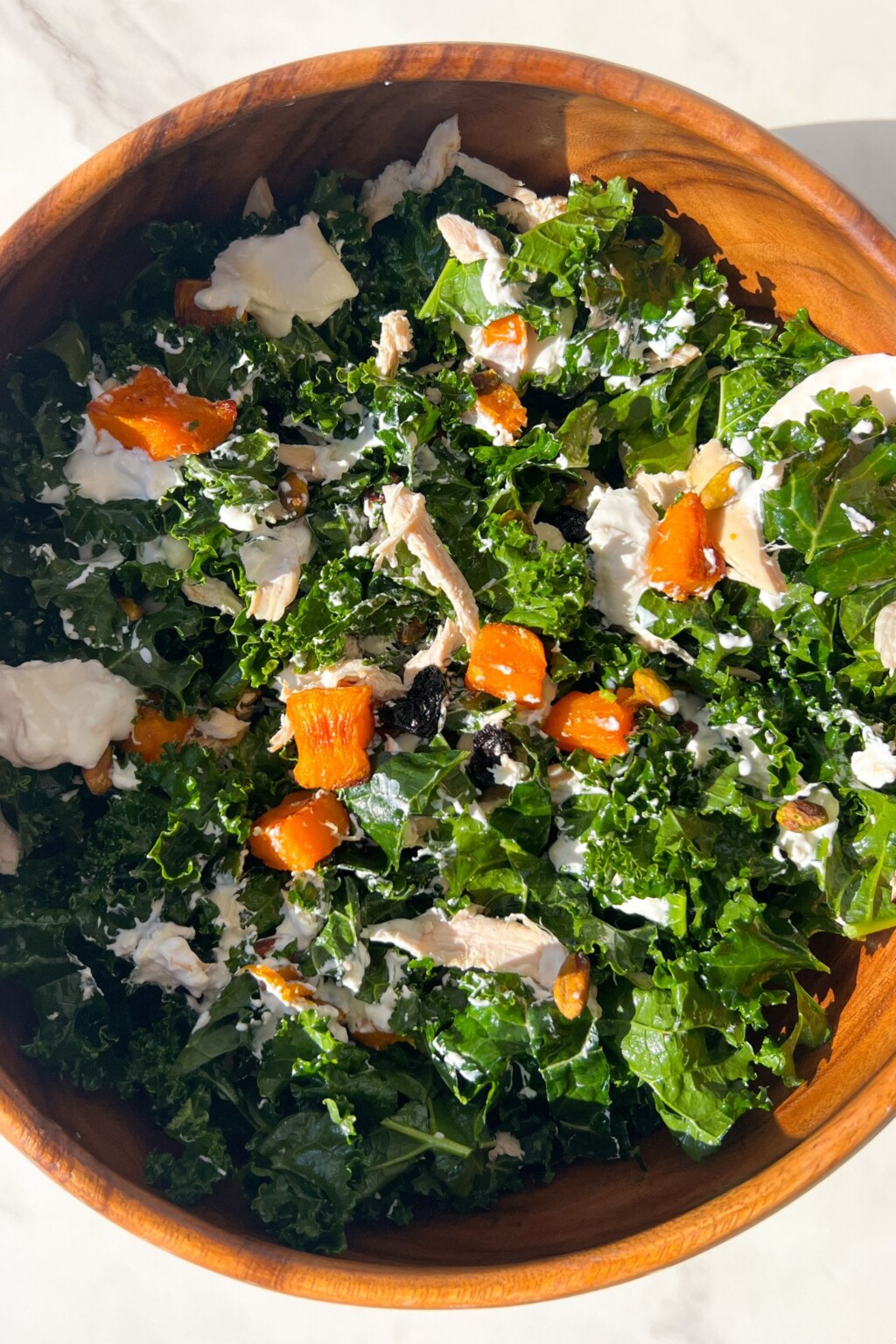 Chicken and Kale Salad with Pistachios - Feasty Travels