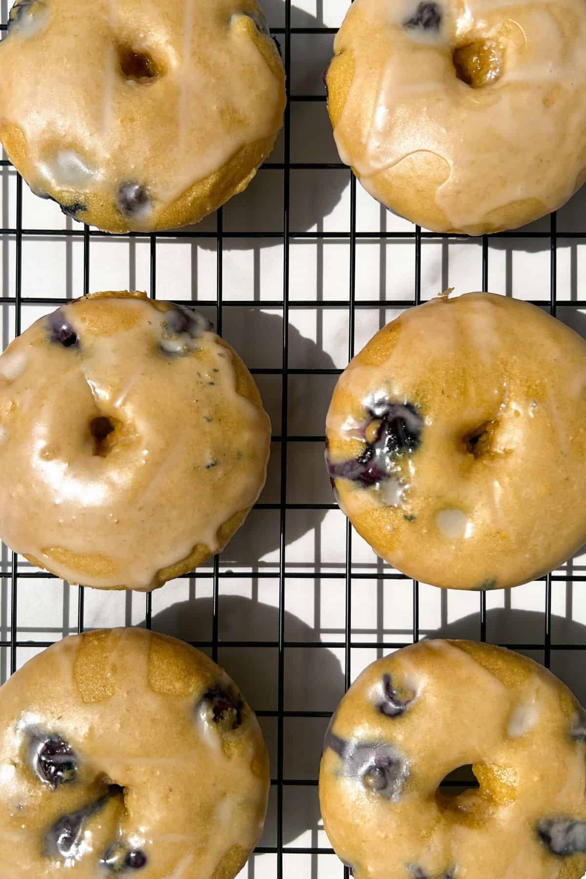 Blueberry cake donuts topped with a vanilla glaze.