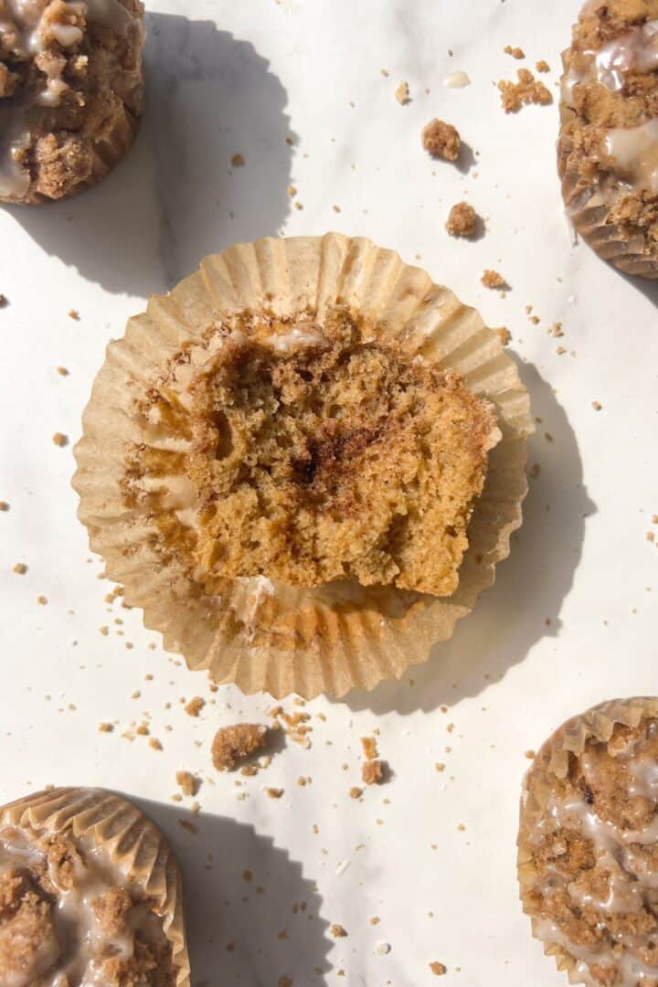 Cinnamon Streusel Muffin Broke open to see the cinnamon swirl in the middle.