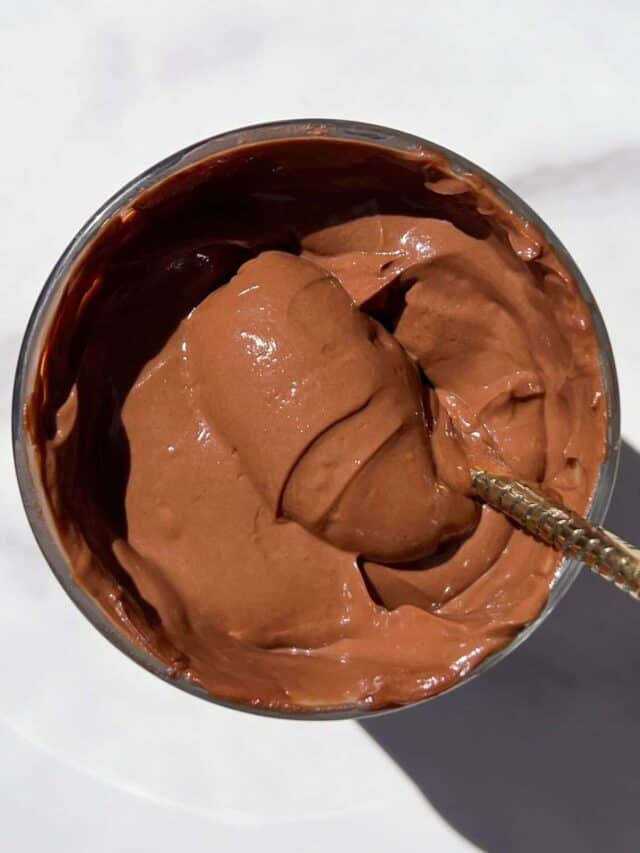 Eating protein mousse with a spoon.