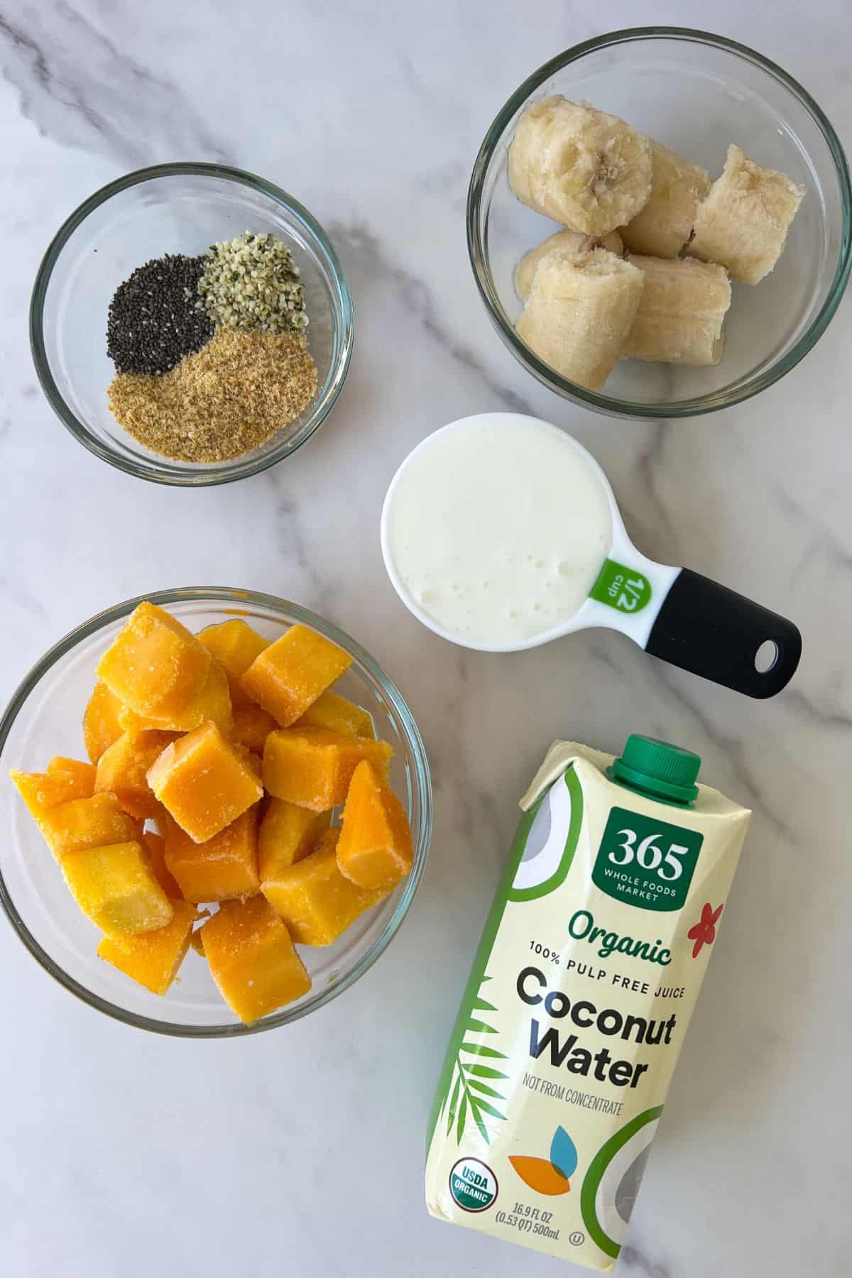 Mango Protein Smoothie Ingredients measured out.