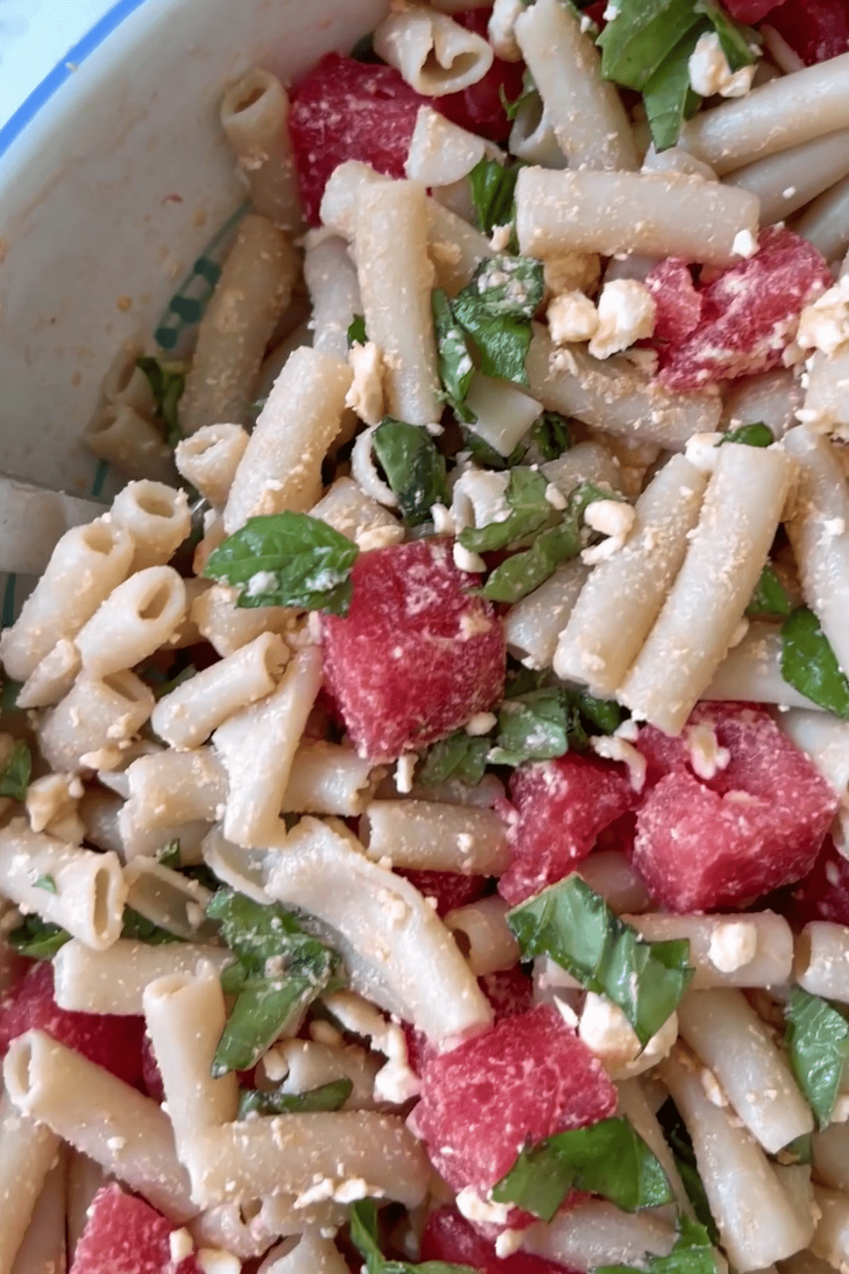 watermelon pasta salad with feta cheese and basil - feasty travels