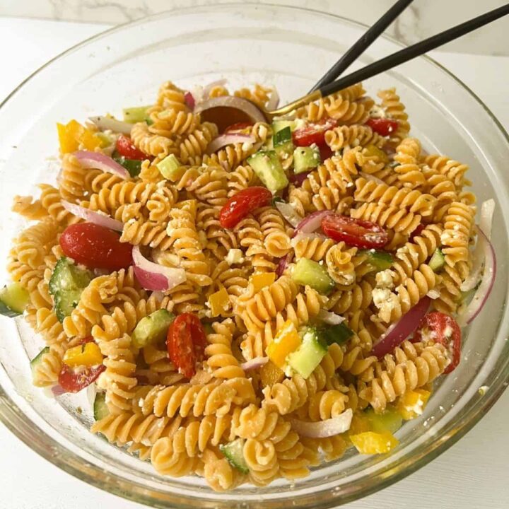 Greek Protein Pasta Salad with Feta and Vegetables - Feasty Travels