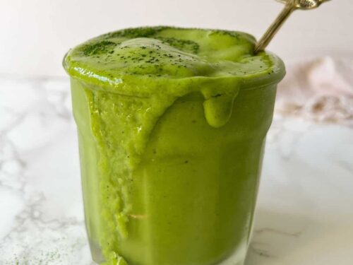 healthy banana matcha smoothie with protein - feasty travels