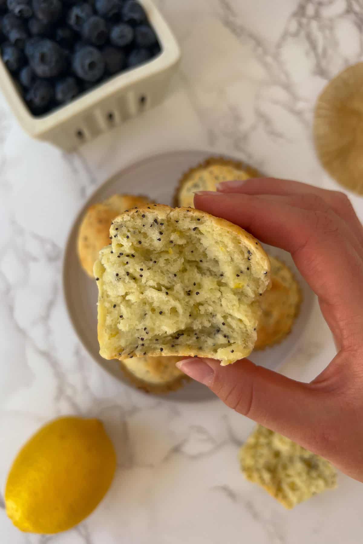 holding a gluten free lemon muffin that's broken in half