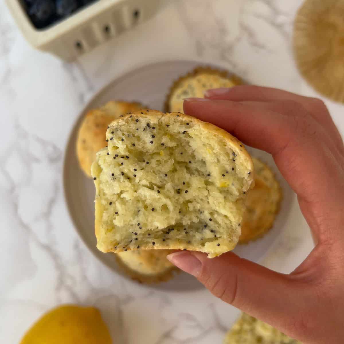 holding a gluten free lemon muffins that's broken in half
