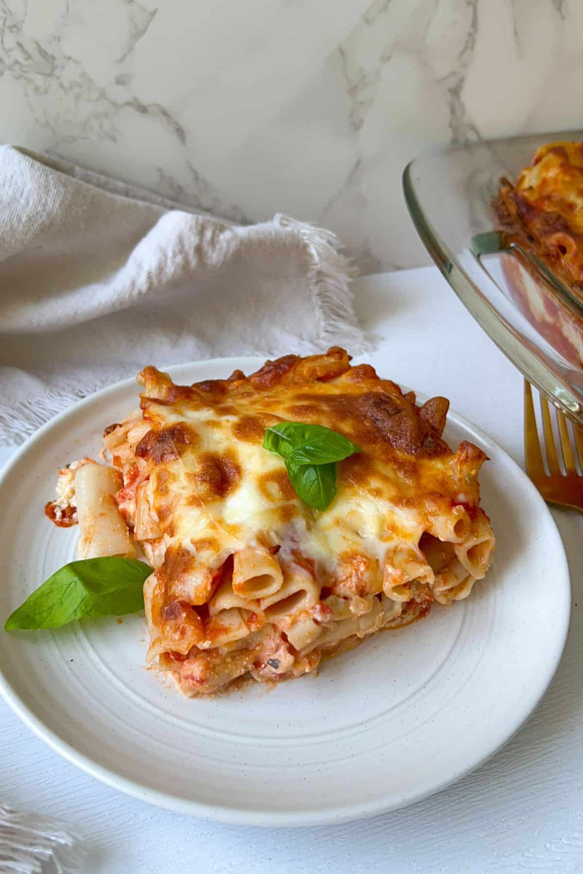 a slice of gluten free ziti on a plate