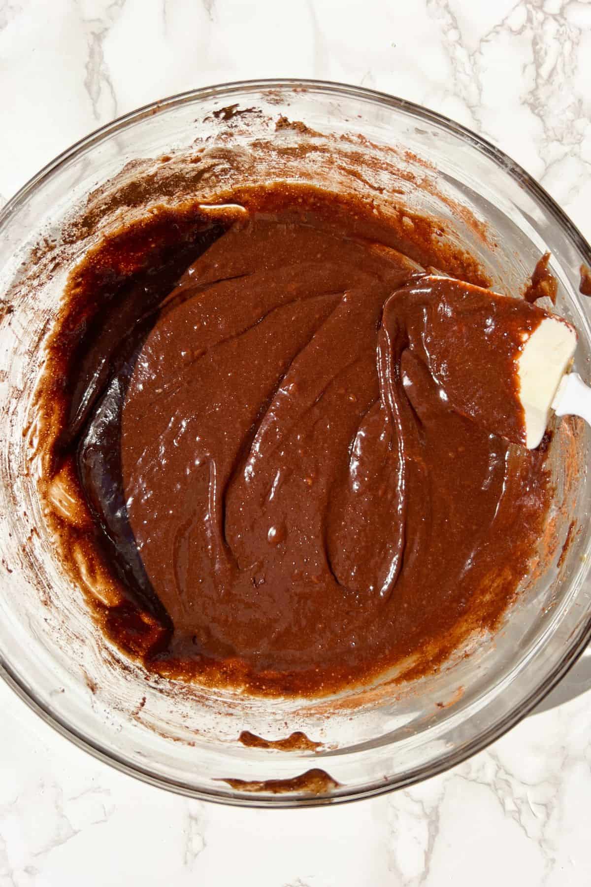 brownie batter ready to be poured into the baking tray