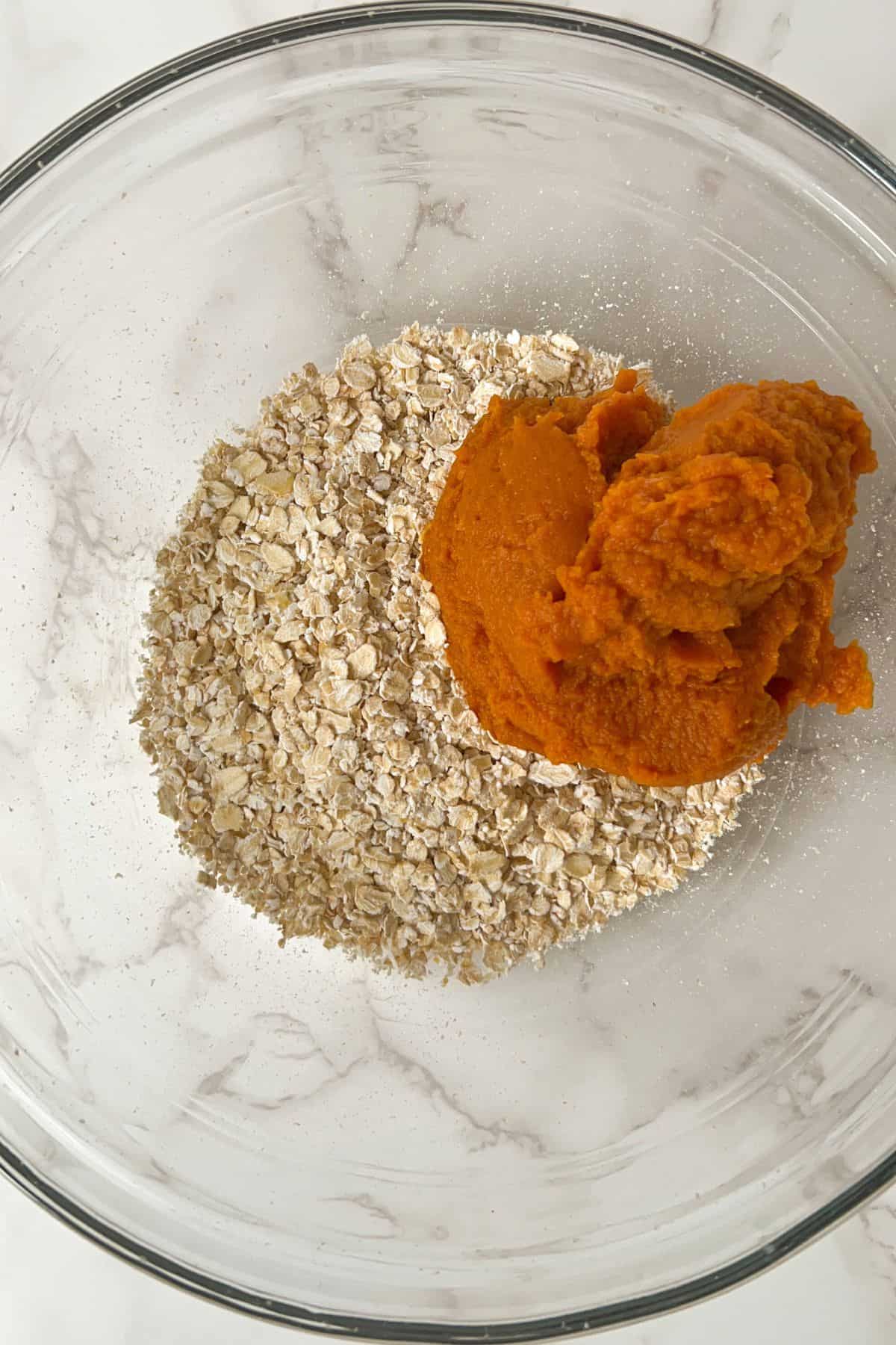 rolled oats and pumpkin puree in a mixing bowl