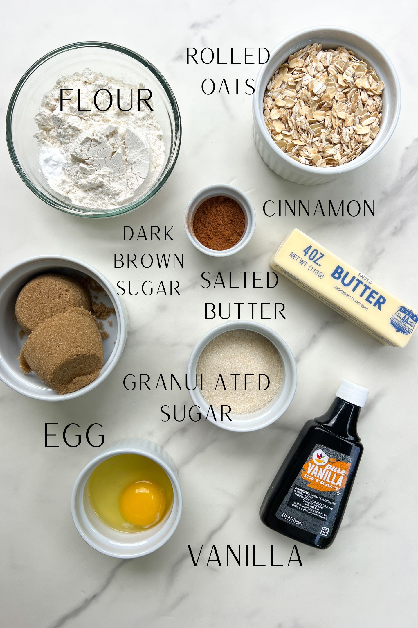 Ingredients measured out in bowls to make Oatmeal Cream Pies.