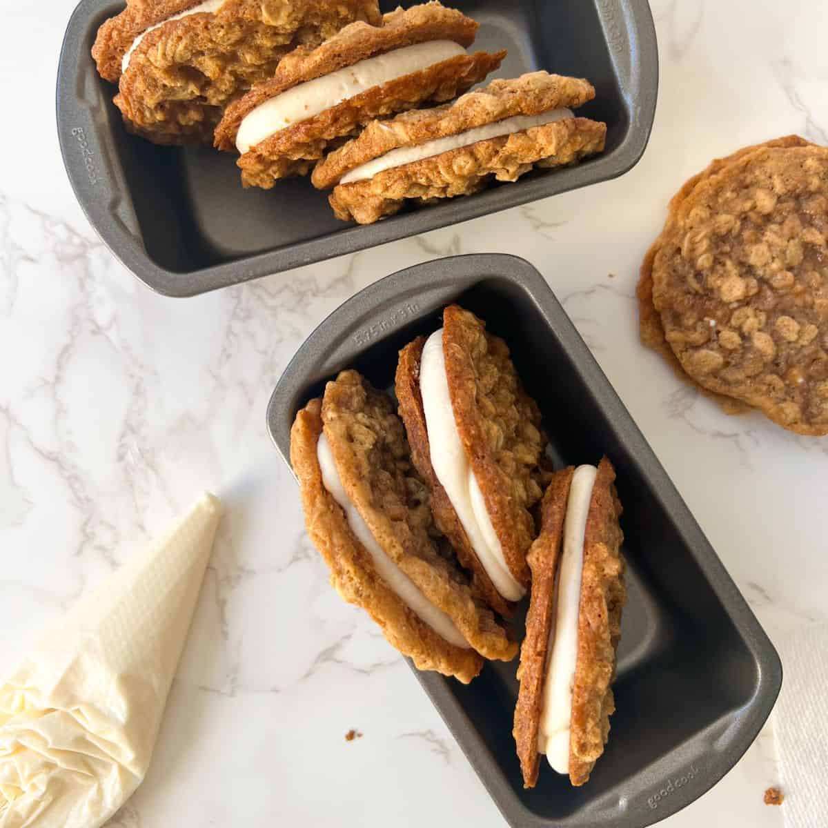 assembled oatmeal creme pies in a loaf pan