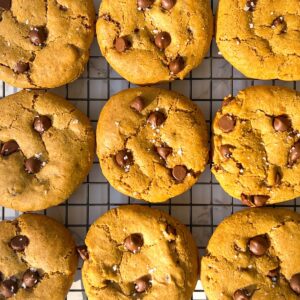 gluten-free pumpkin chocolate chip cookies cooling on a rack