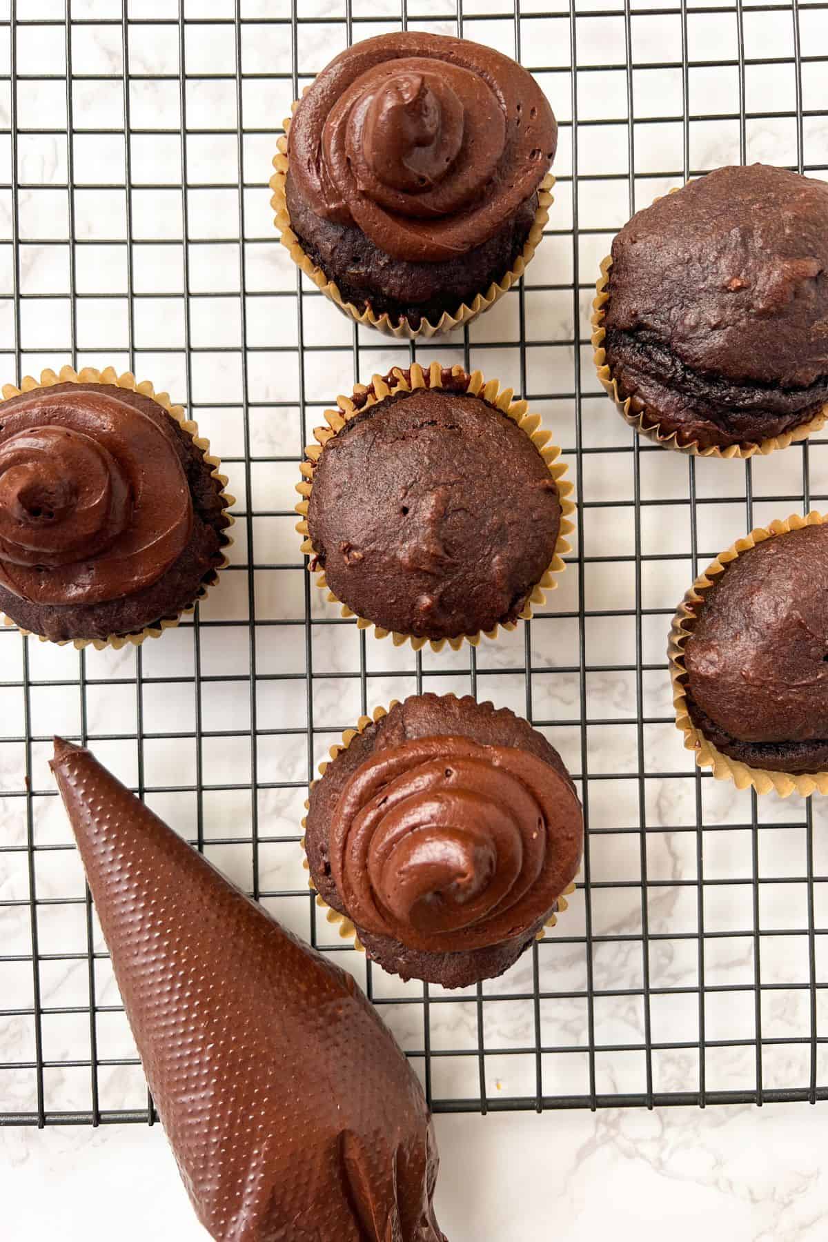 birds eye view of gluten free chocolate cupcake with frosting