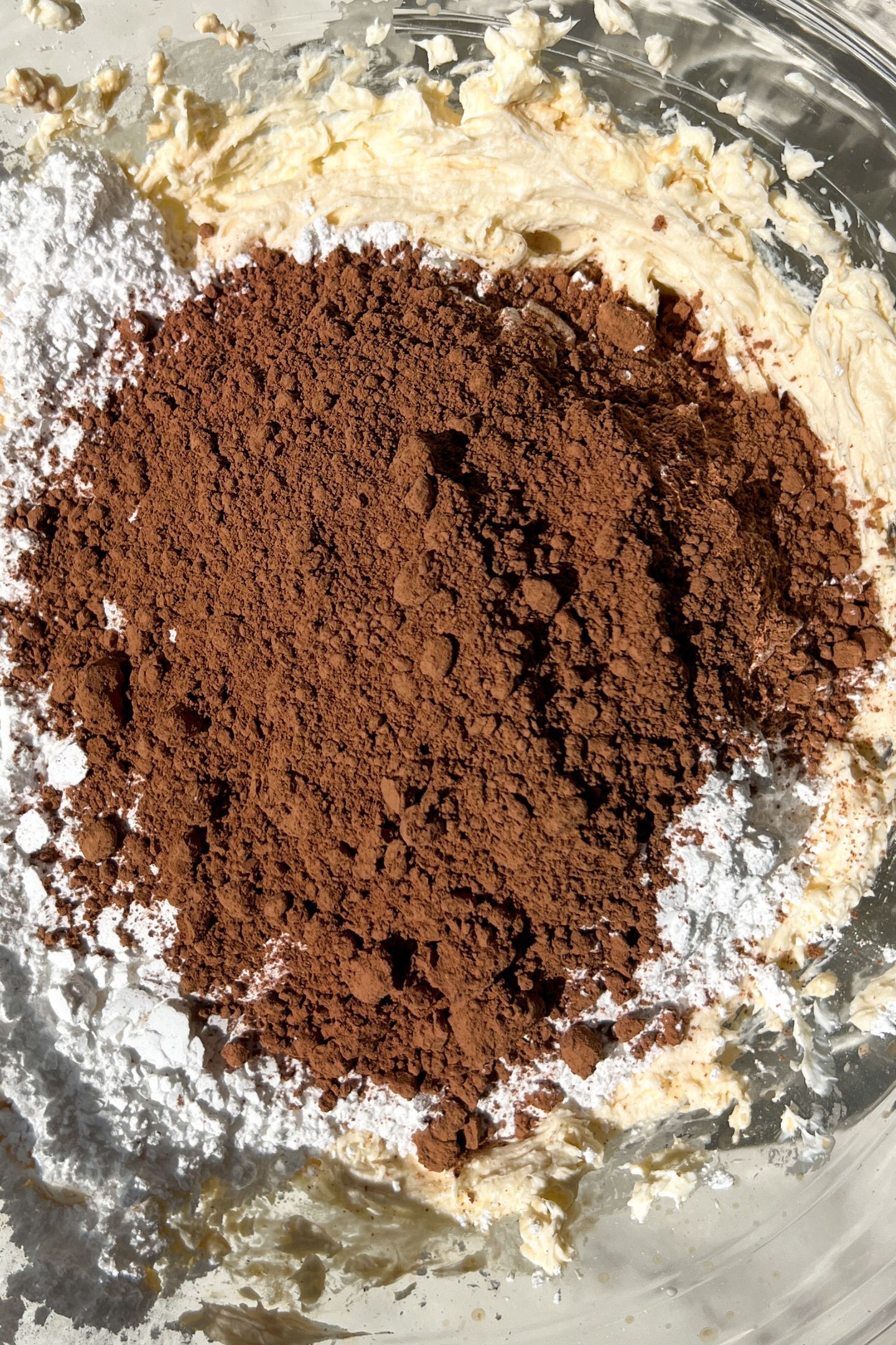 Wet ingredients in a bowl with powdered sugar and cocoa powder on top.
