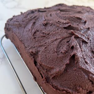 chocolate cake topped with whipped chocolate frosting