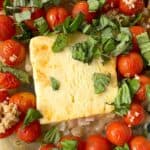 baked feta in a tray with tomatoes, shallots, garlic and fresh basil.