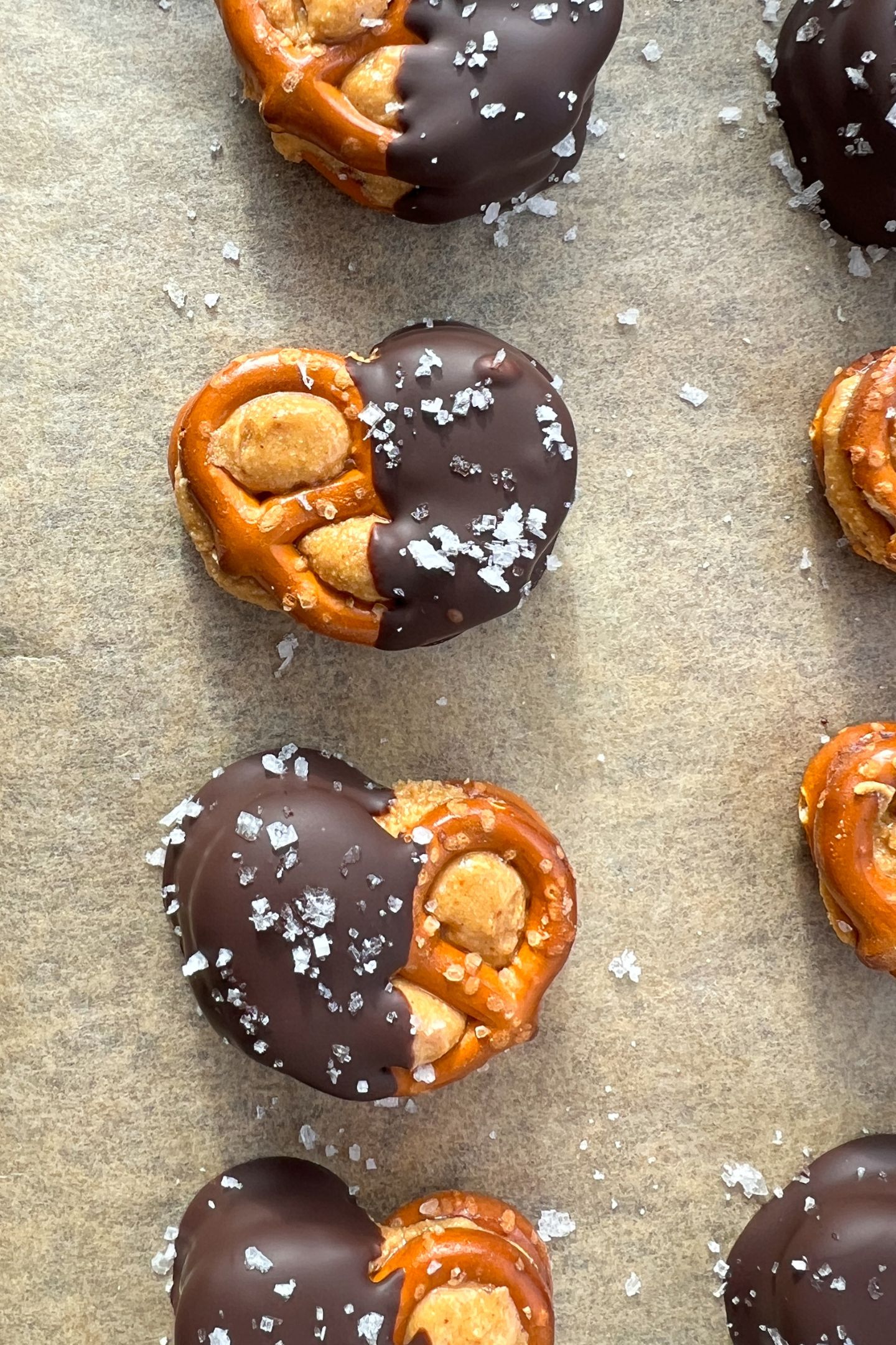 Dark Chocolate Peanut Butter Pretzel Bites on a tray.