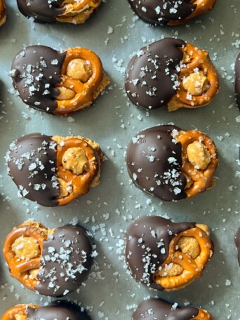 Dark Chocolate Peanut Butter Pretzel Bites on a tray.
