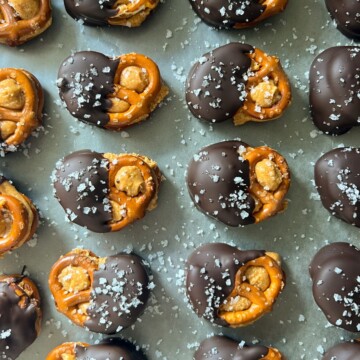 Dark Chocolate Peanut Butter Pretzel Bites on a tray.