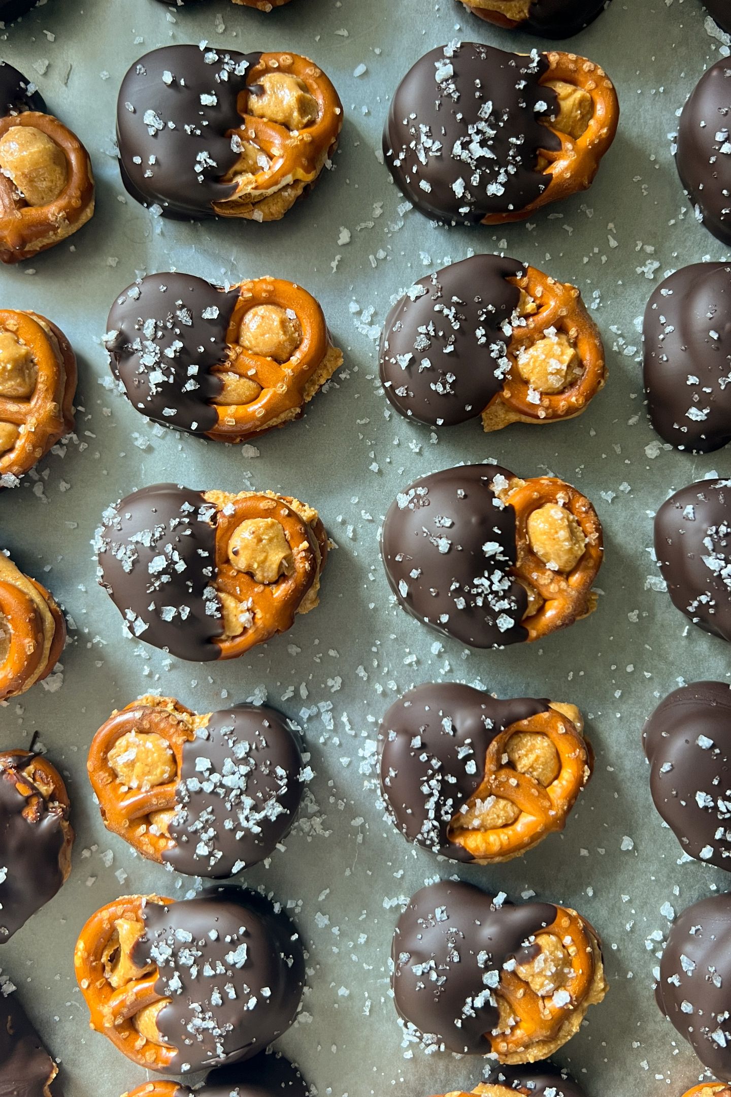 Dark Chocolate Peanut Butter Pretzel Bites on a tray.