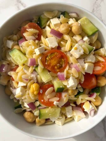 Greek Orzo Pasta Salad with Lemon Dijon Dressing in a Bowl