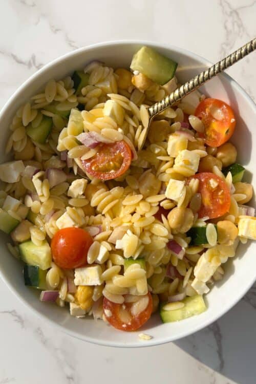 Greek Orzo Pasta Salad with Lemon Dijon Dressing Feasty Travels