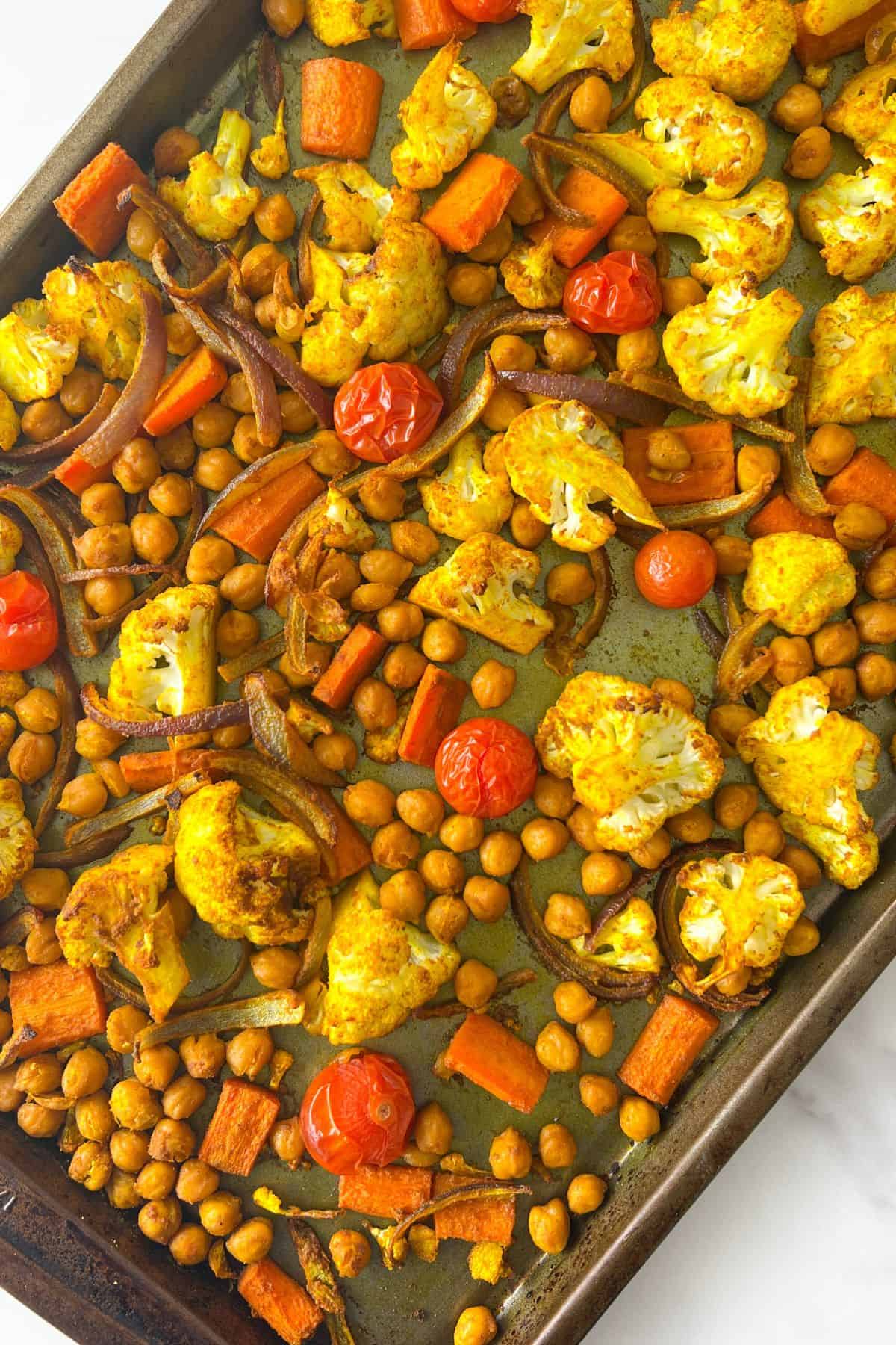 Roasted Vegetables on a Tray to make Healthy Couscous Moroccan Salad.