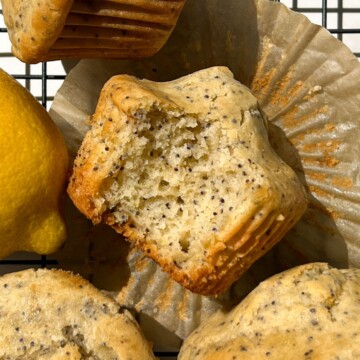 Lemon Poppy Muffin with a bite taken out.