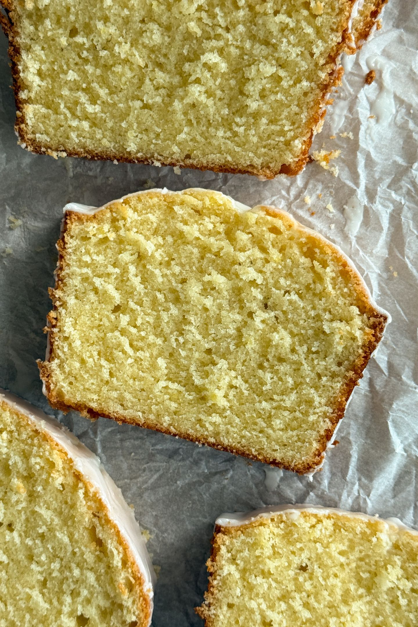 Slices of lemon pound cake on a platter.