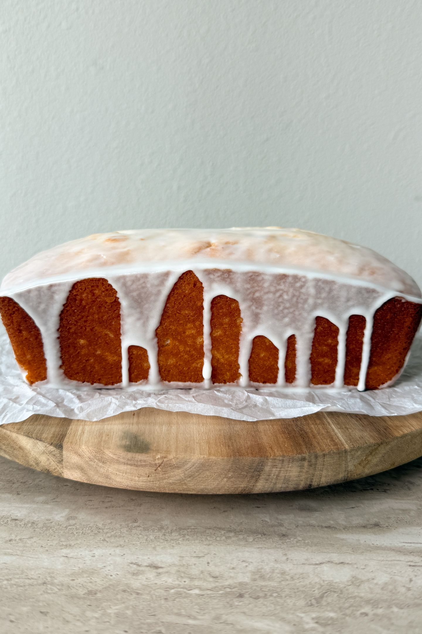 The old fashioned lemon pound cake topped with the glaze.