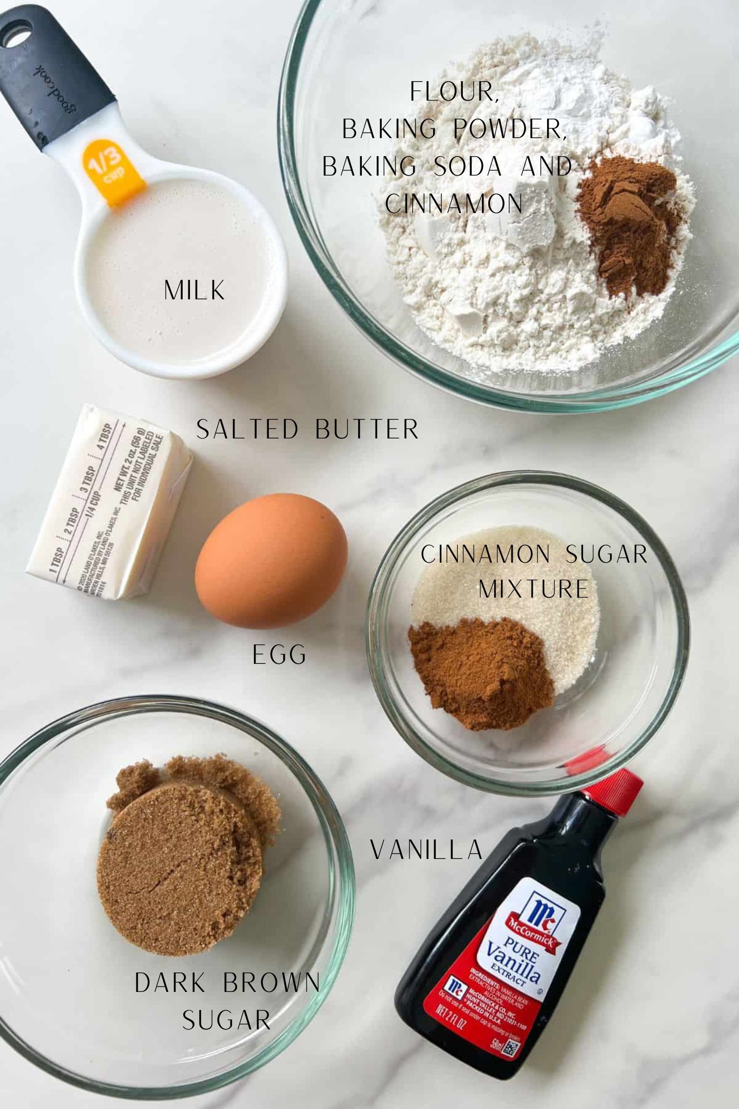 Ingredients measured out to make cinnamon streusel muffins.