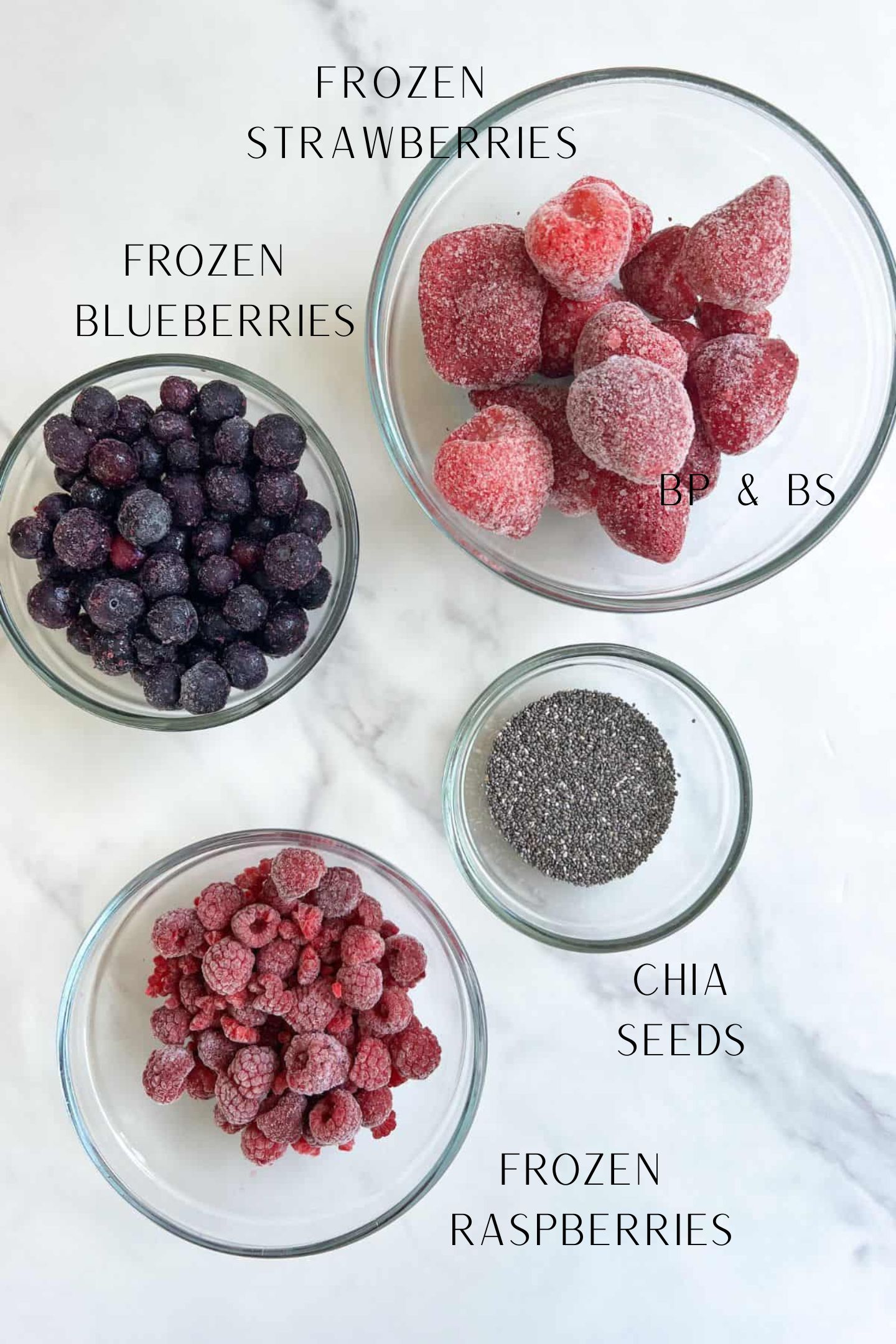 Mixed Berry Jam Ingredients measured out in bowls.