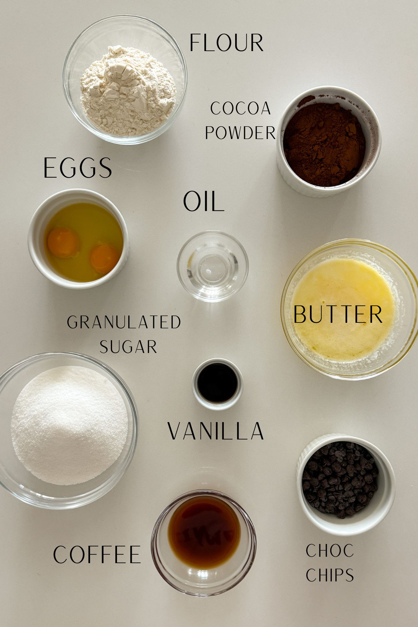 Ingredients measured out in bowls to make the espresso brownies.